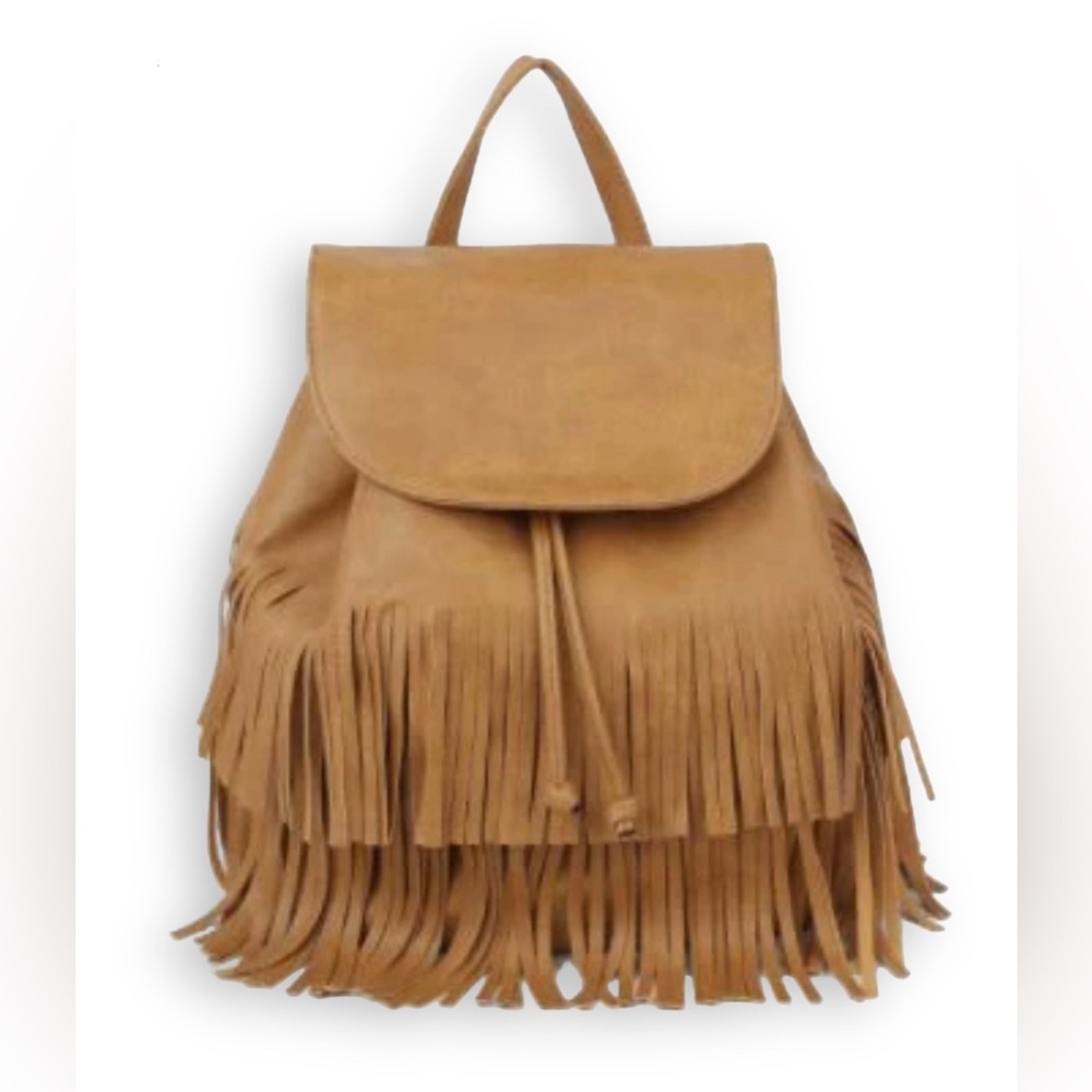 Tan Fringe Drawstring Convertible Backpack by Metro Muse USA